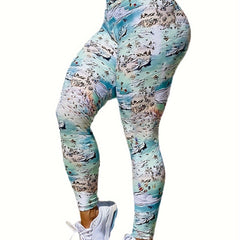 Sea Beach Print High Waist Tummy Control Fitness Pants