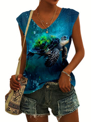 Turtle Print V neck Tank Top Cap Sleeve for Women