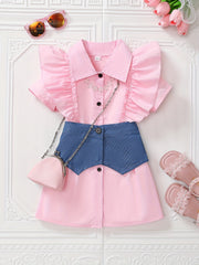 Toddler Girls Denim Spliced Shirt Dress with Ruffle Trim
