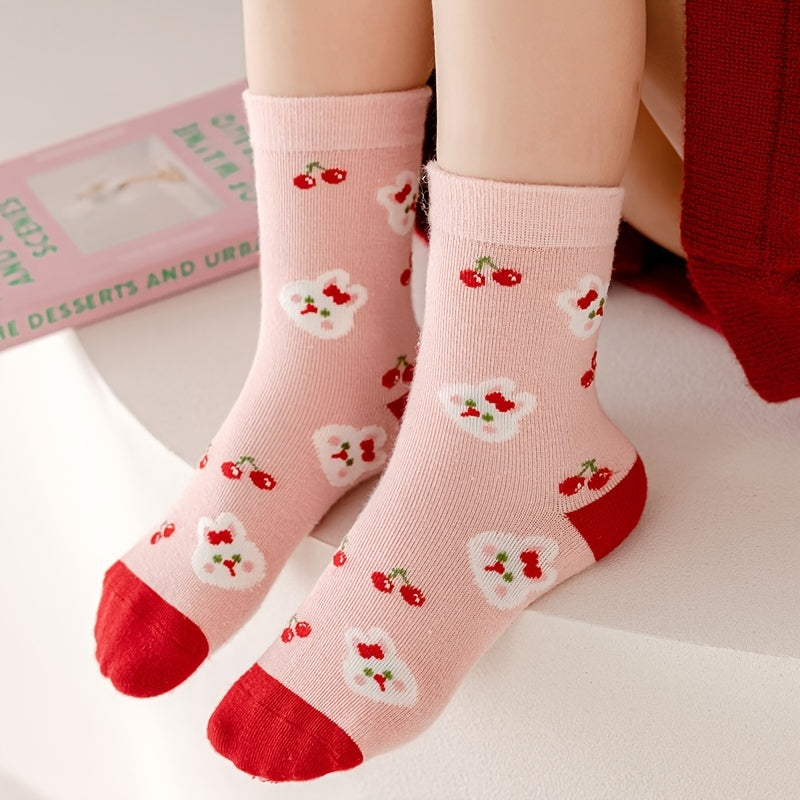 Cute Cherry Rabbit Pattern Girls Socks For Autumn Winter