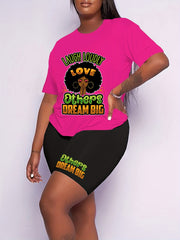 Women's Plus Letter & Figure Print Top & Shorts Outfits Set