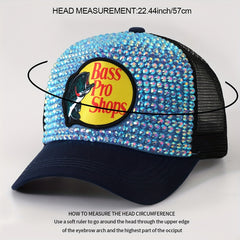 Fish Printed Patch Baseball Cap Rhinestone Block Mesh Breathable Trucker Hat