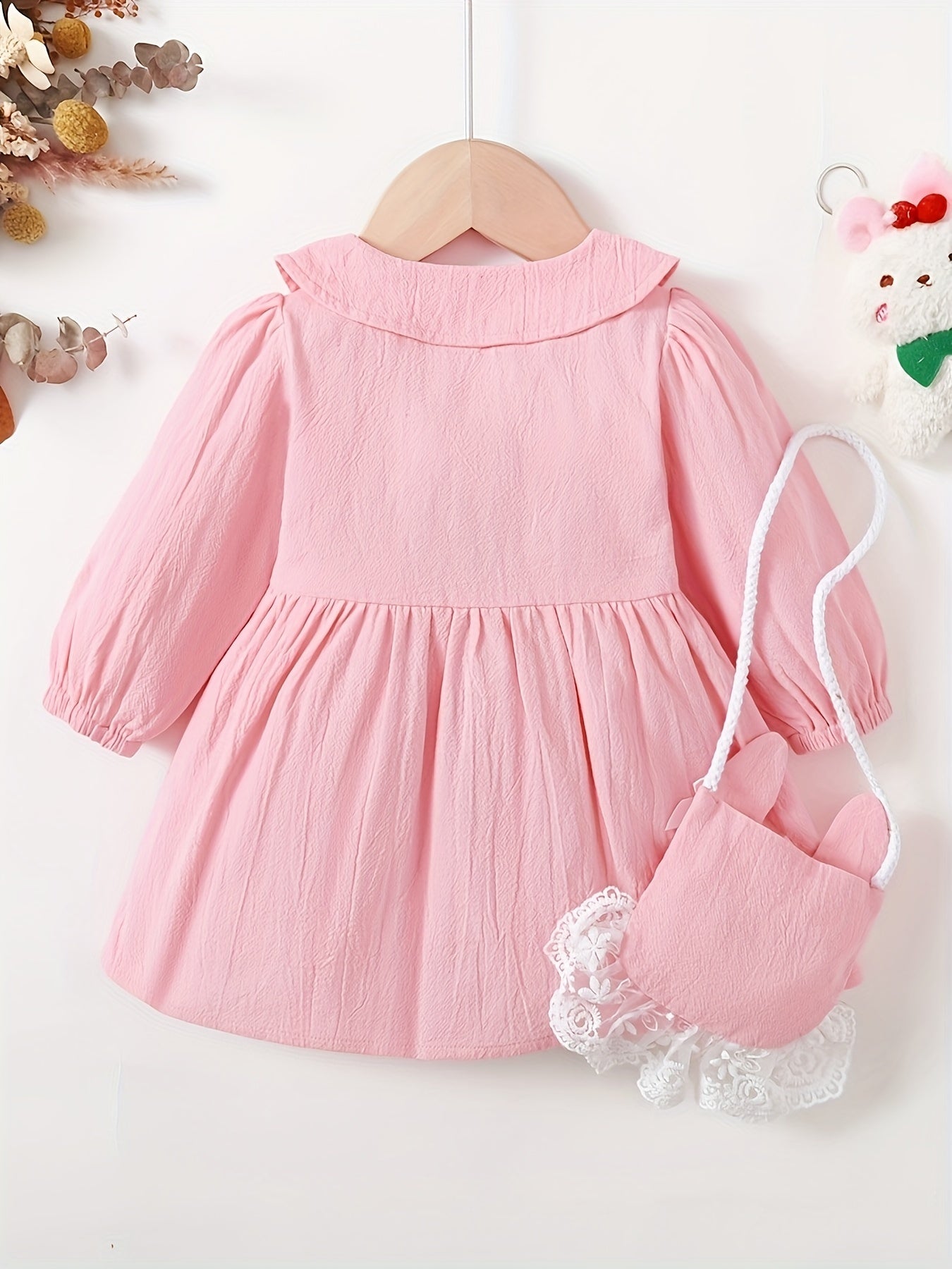 2pcs Baby Girls Preppy Style Button Dress with Backpack