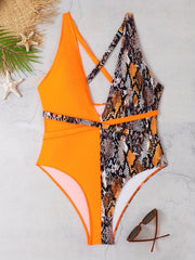 Colorblock Snake Print Criss Cross Deep V Neck Belted Swimsuit