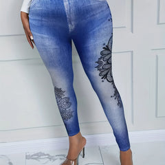 Denim & Floral Print High Rise Leggings