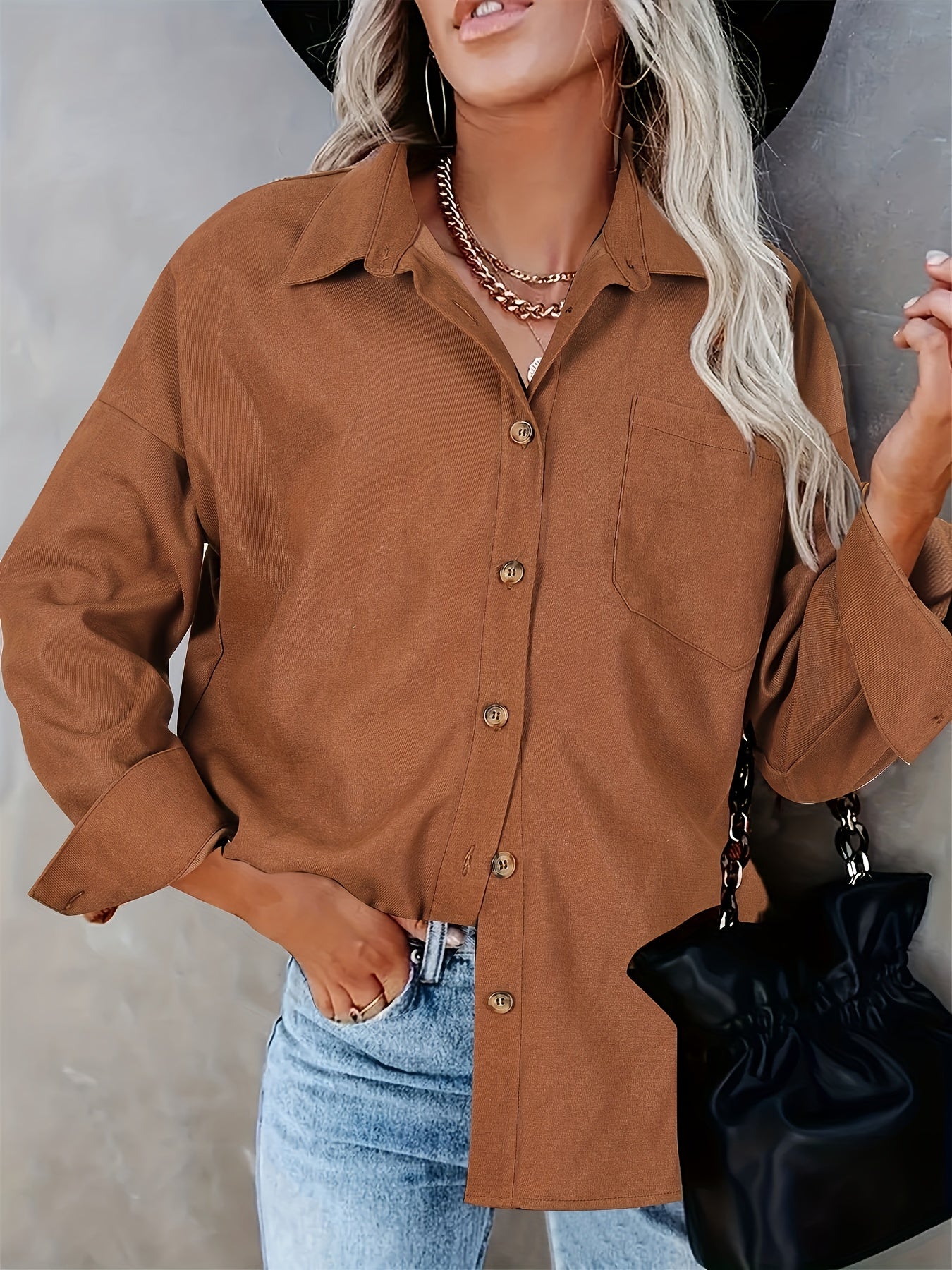 Solid Long Sleeve Button Up Collar Shirt Top With Pockets