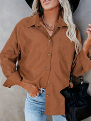 Solid Long Sleeve Button Up Collar Shirt Top With Pockets