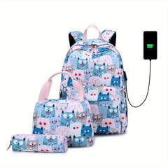 Kids Kitten Backpack with USB Charging Port - 3pc Set