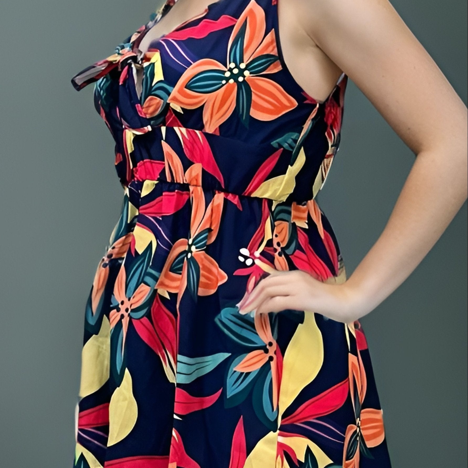 Tropical Print Knot V Neck Romper