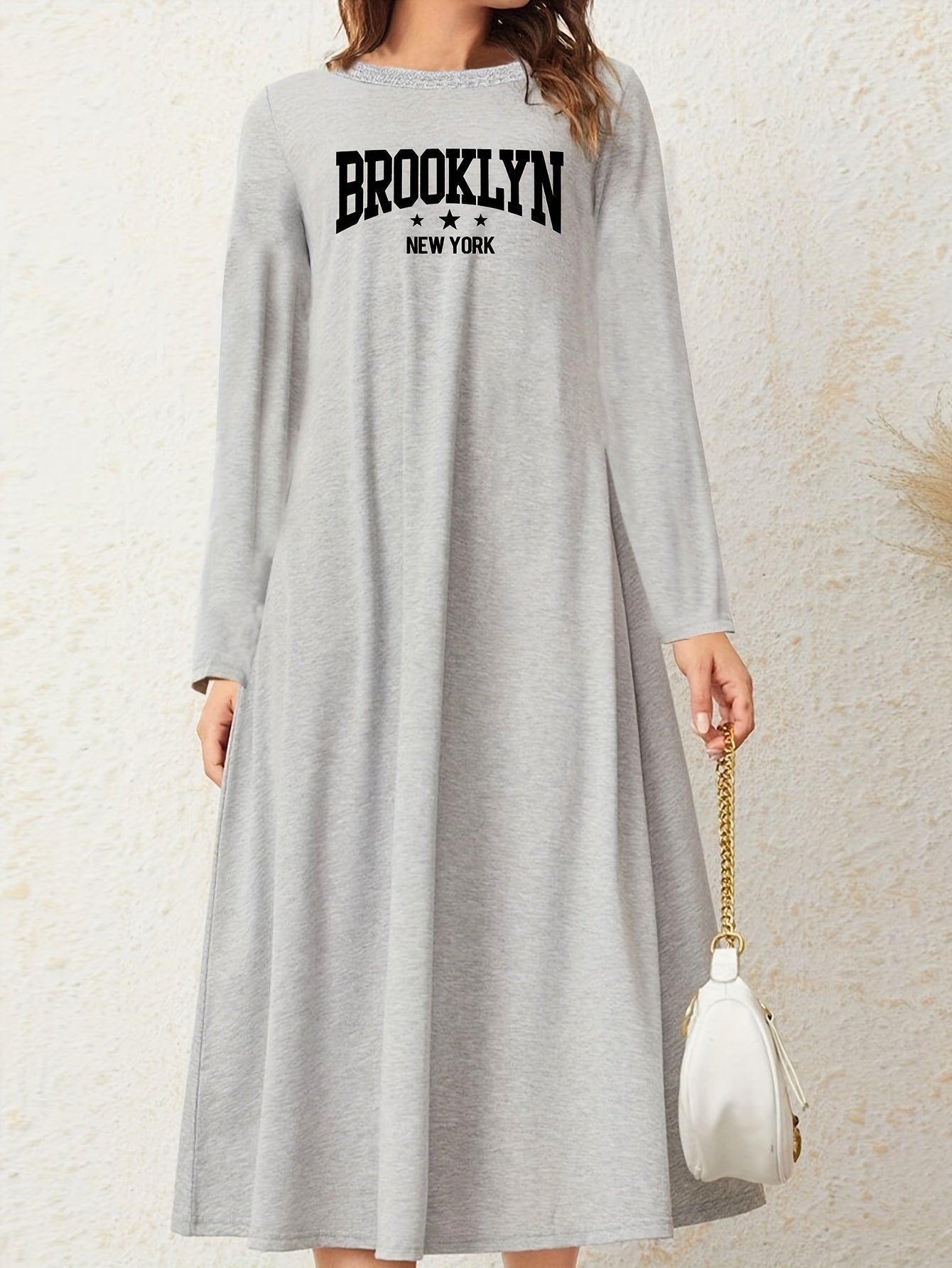 Plus Size Letter Print Long Sleeve Stretch Nightdress