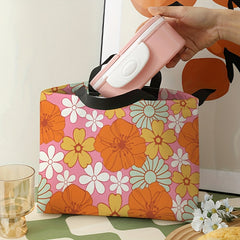 Orange Flowers Printed Lunch Bag Waterproof Insulated Large Capacity