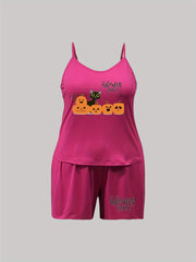 Pumpkin & Cat Print Cami Top & Shorts Loungewear Set