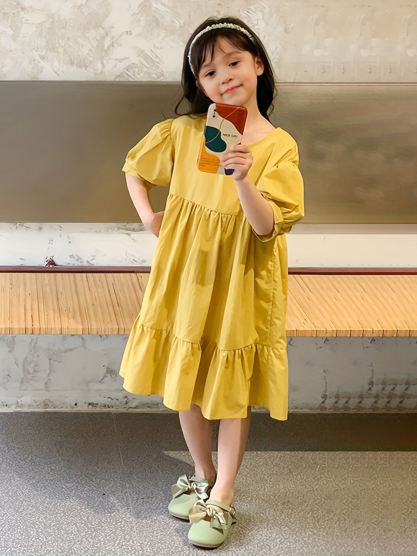 Girl's Cotton Puff Sleeve Princess Dress for Summer Parties