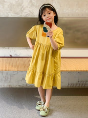 Girl's Cotton Puff Sleeve Princess Dress for Summer Parties
