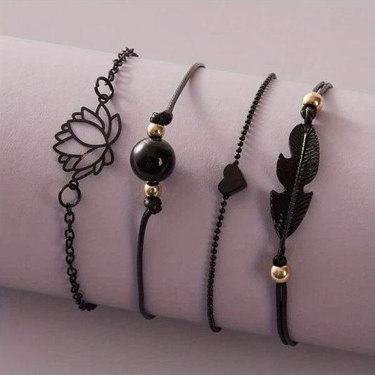 4 Pcs Stackable Lotus Chain Anklet Set For Women