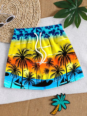 Boys Swim Trunks Coconut Trees Dinosaur Print Elastic Waist Drawstring