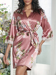 Floral Print Night Robe Lace Trim Long Sleeve Lounge Robe
