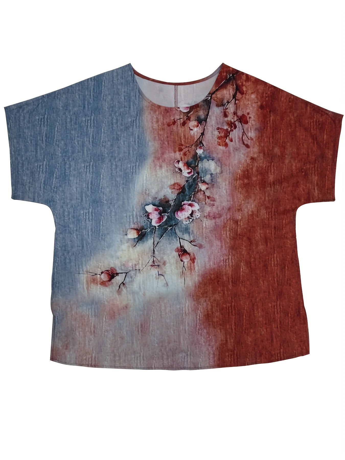 Floral Print Short Sleeve Round Neck Split Top