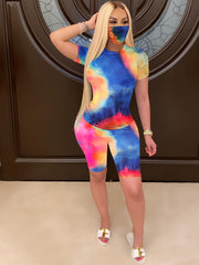 Tie Dye Workout Two Piece Set Crew Neck T shirt & Shorts Set