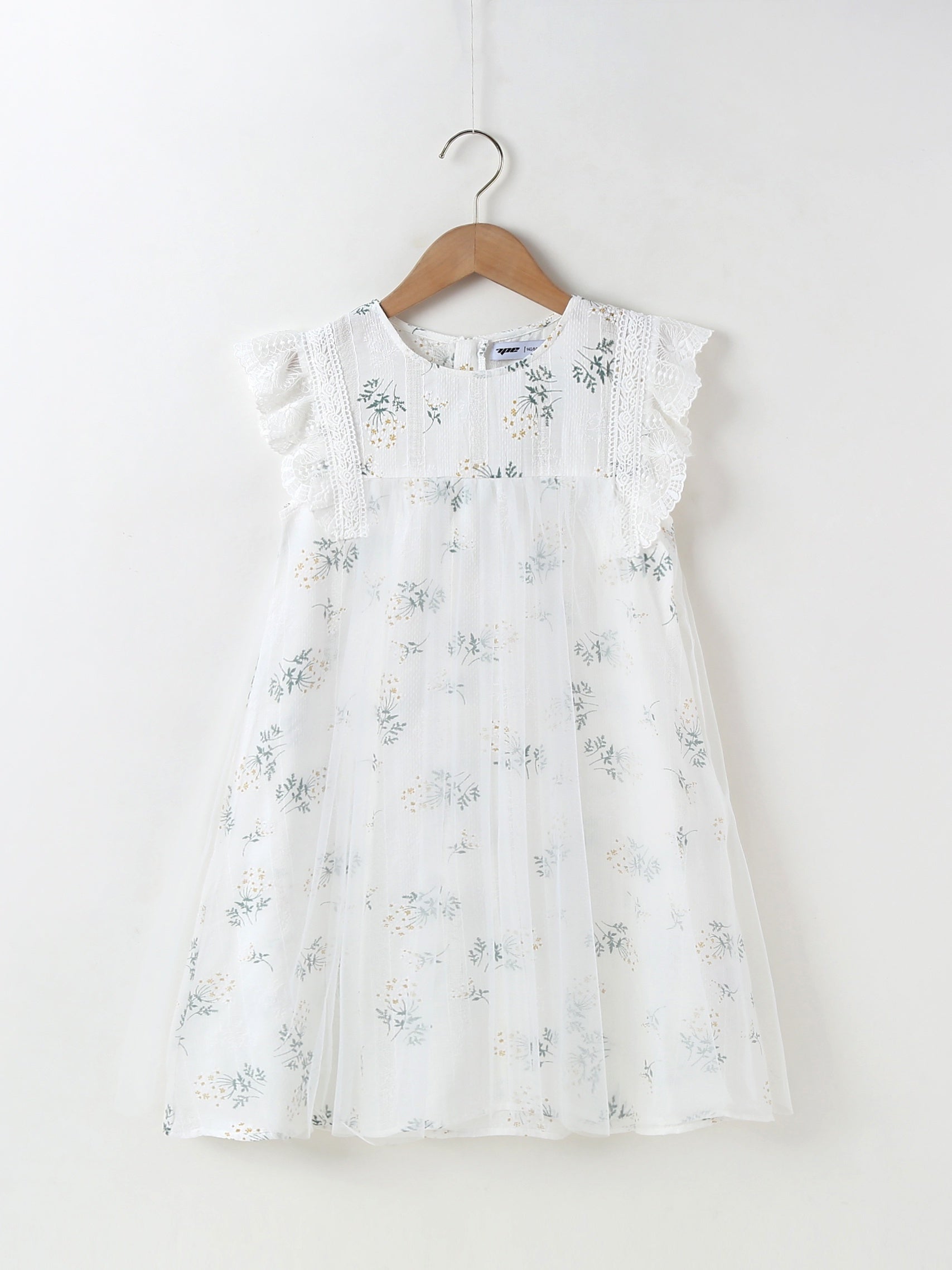 Girls Lace Ruffled Sleeves Floral Print Princess Dress