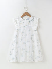 Girls Lace Ruffled Sleeves Floral Print Princess Dress