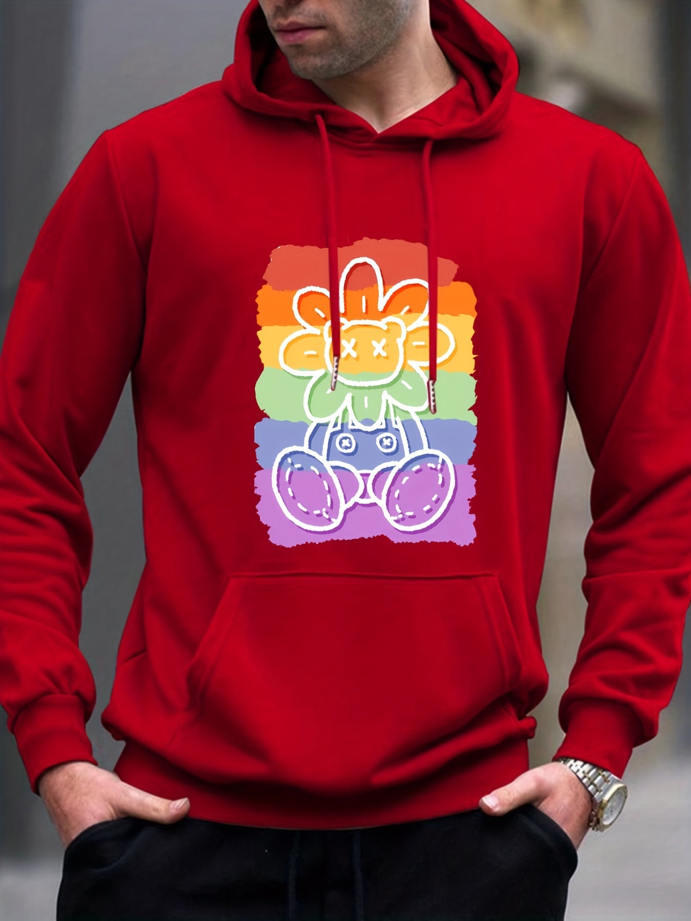 Rainbow Bear Flower Print Hoodie Men's Sweatshirt