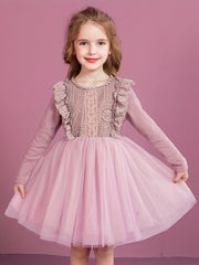 Girls' Butterfly Lace Tutu Dress Long Sleeve Birthday Princess Dress