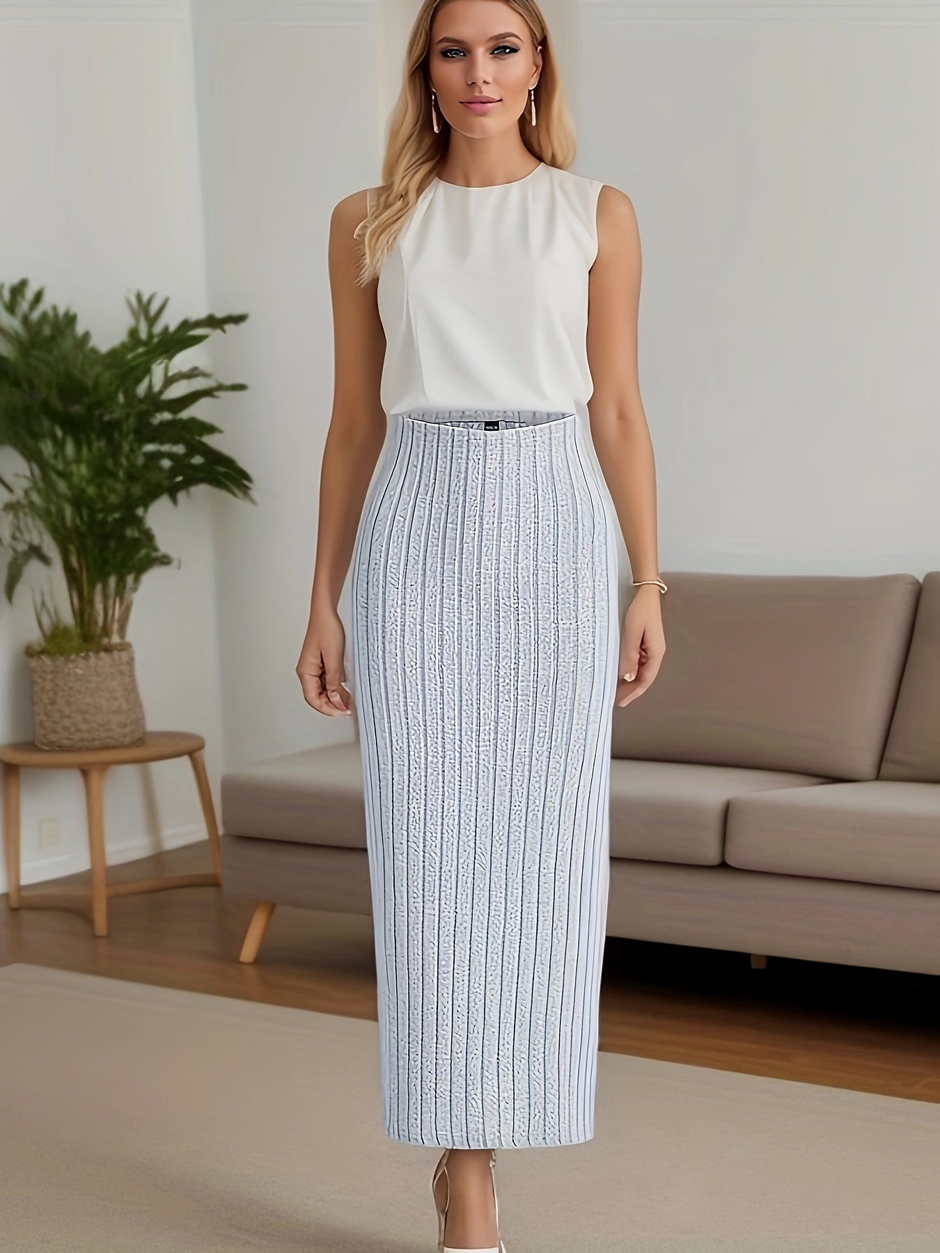 Solid Ribbed Maxi Midi Skirt