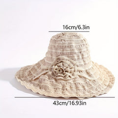 Pleated Sun Hat Flower Striped Bucket Hat Wide Brim