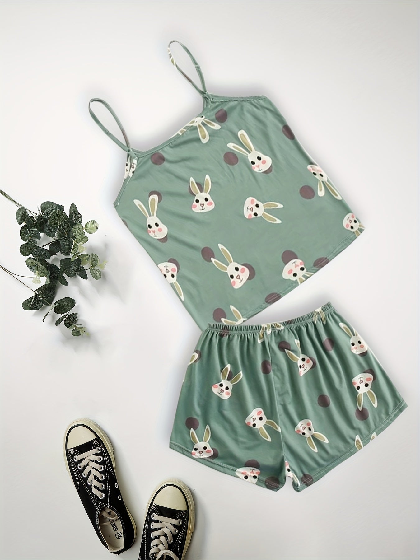 Cartoon Rabbit Print V Neck Cami & Shorts Plus Size Pajama Set