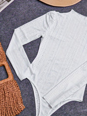 Eyelet Bodysuit Puff Sleeve Slim Fit Mock Neck Bodysuit