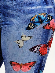 Denim & Butterfly Print High Rise Skinny Shorts