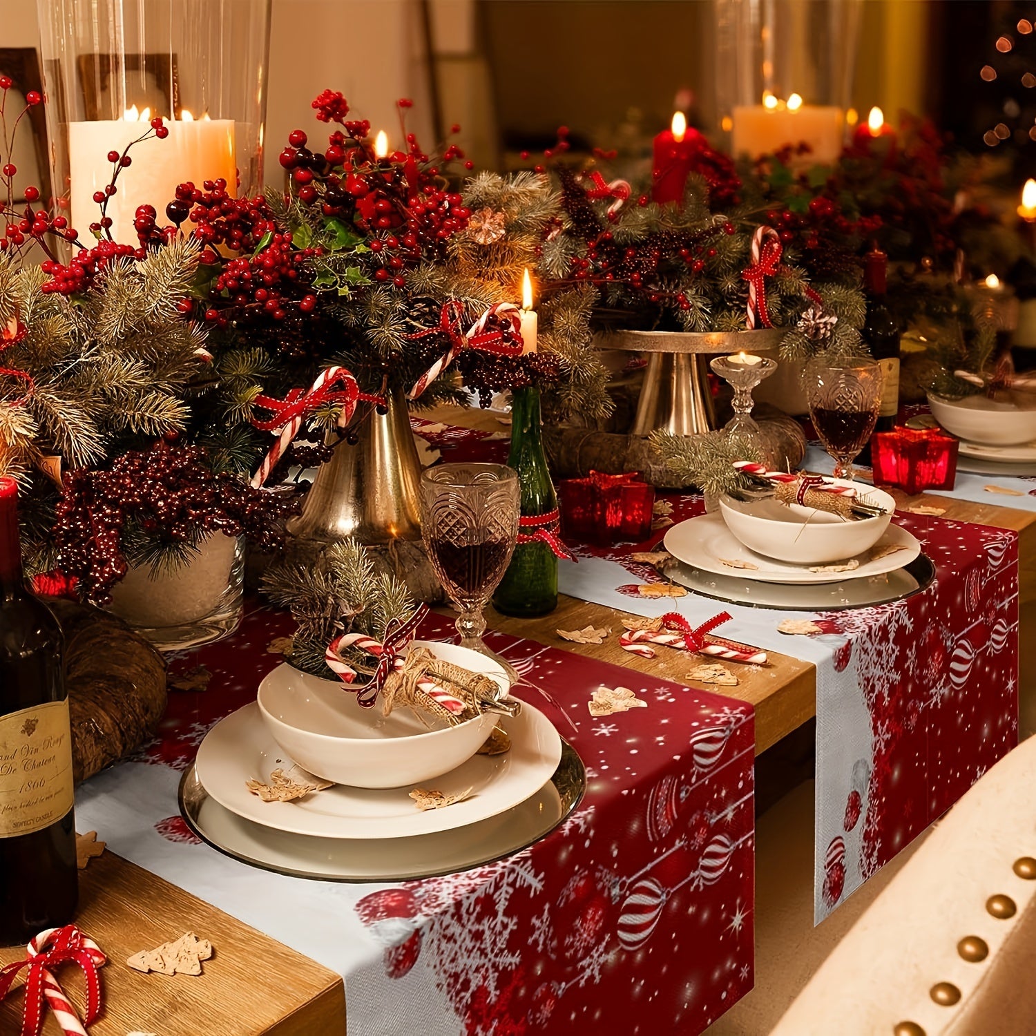 Linen Table Runner Merry Christmas Snowman Pattern Table Cover