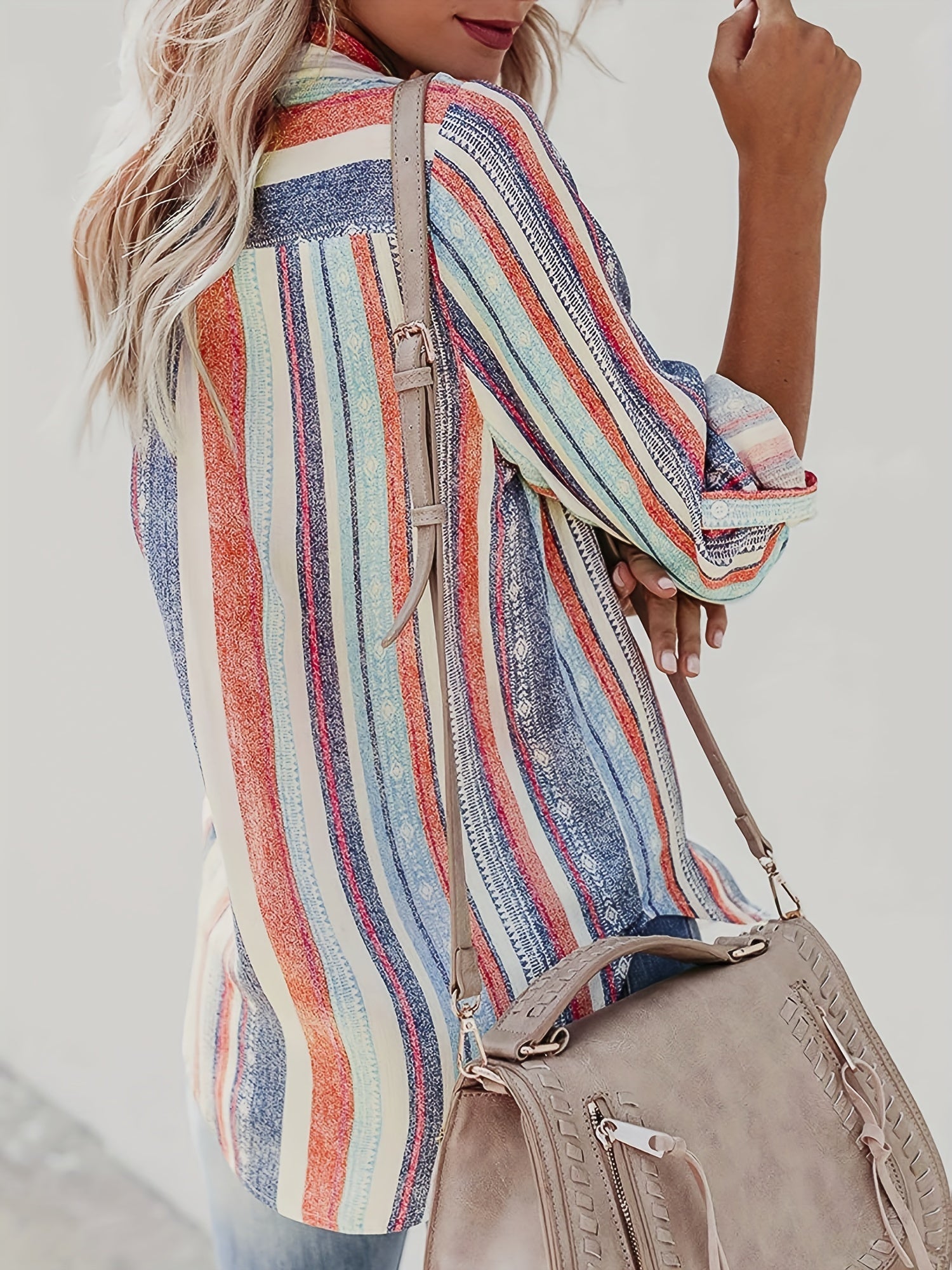 Casual Blouse Women's Plus Stripe Print Button Up Shirt