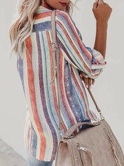Casual Blouse Women's Plus Stripe Print Button Up Shirt