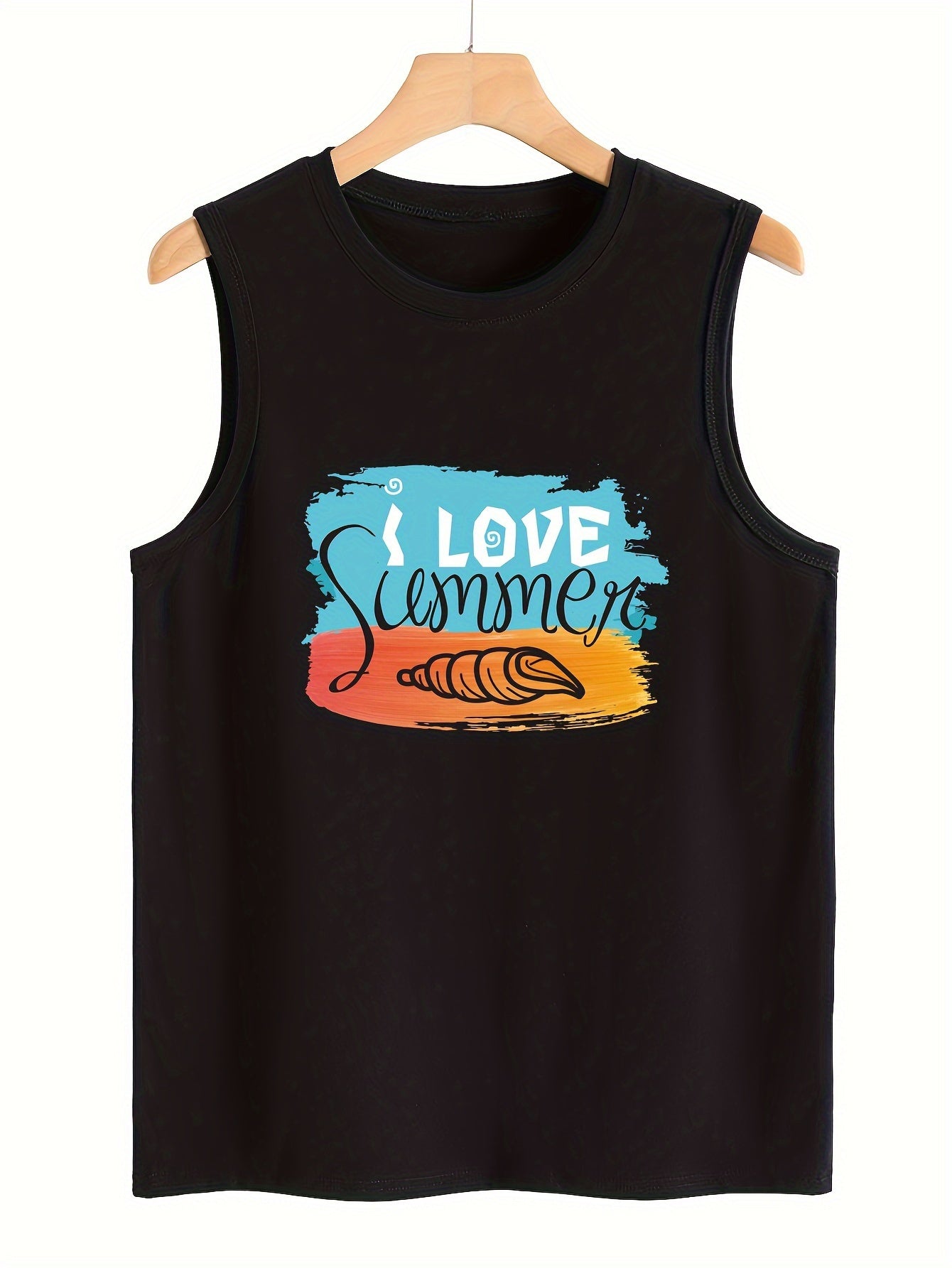 Conch & Letter Pattern Stretchy Sports Vest Round Neck Sleeveless Top