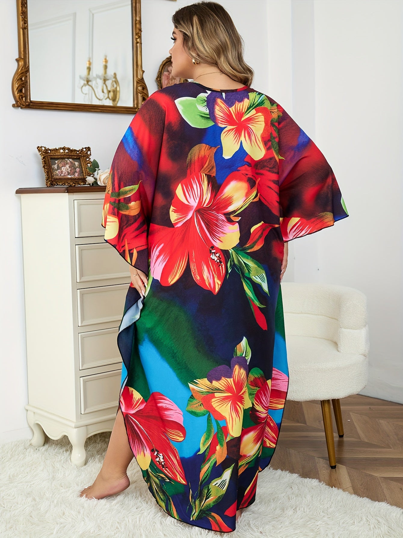 Plus Size Floral Print Batwing Sleeve V Neck Cover Up Dress
