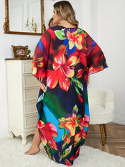 Plus Size Floral Print Batwing Sleeve V Neck Cover Up Dress
