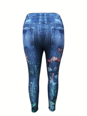 Women's Plus Floral Denim Print High Rise Leggings