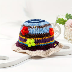 Ruffles Knitted Flower Bucket Hat Crochet Basin Hat Women
