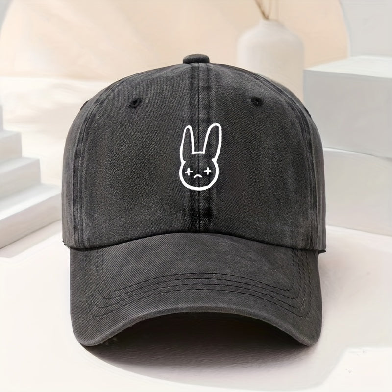 Cartoon Rabbit Print Baseball Cap Washed Distressed Bunny Dad Hats