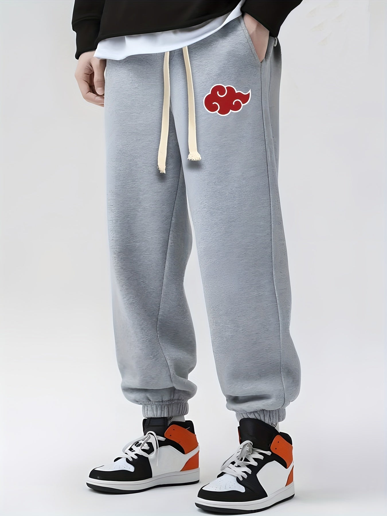 Anime Cloud Print Drawstring Sweatpants Loose Fit Pants Men Spring Autumn