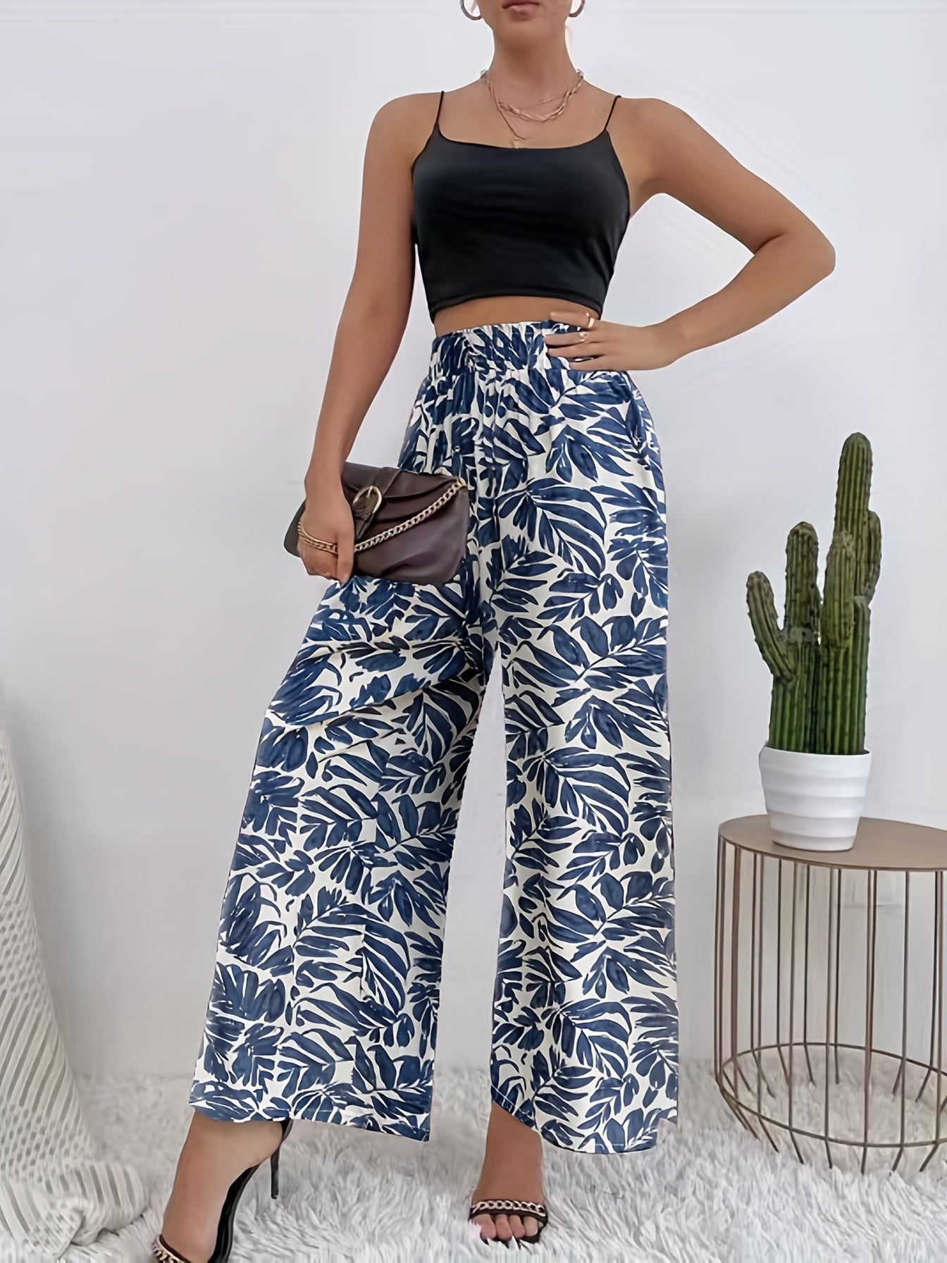 Leopard Print Wide Leg Pants High Waist Casual Elastic Women's Clothing
