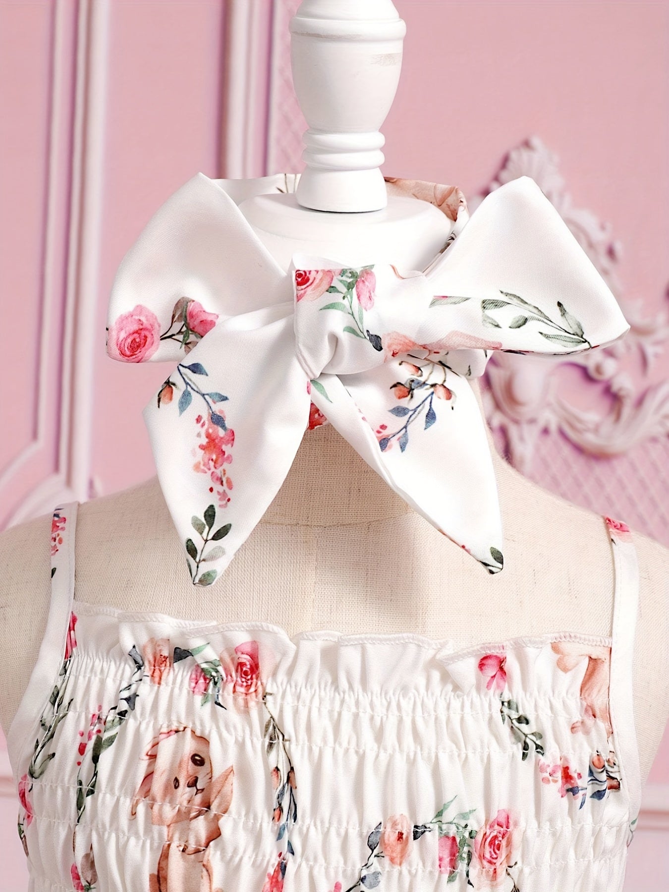 Cute Bunny & Flower Print Puffy Cami Gown Dress