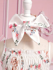 Cute Bunny & Flower Print Puffy Cami Gown Dress