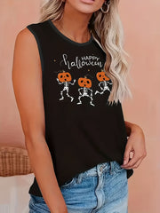 Halloween Tank Top Skull & Letter Print Round Neck Stretch Halloween