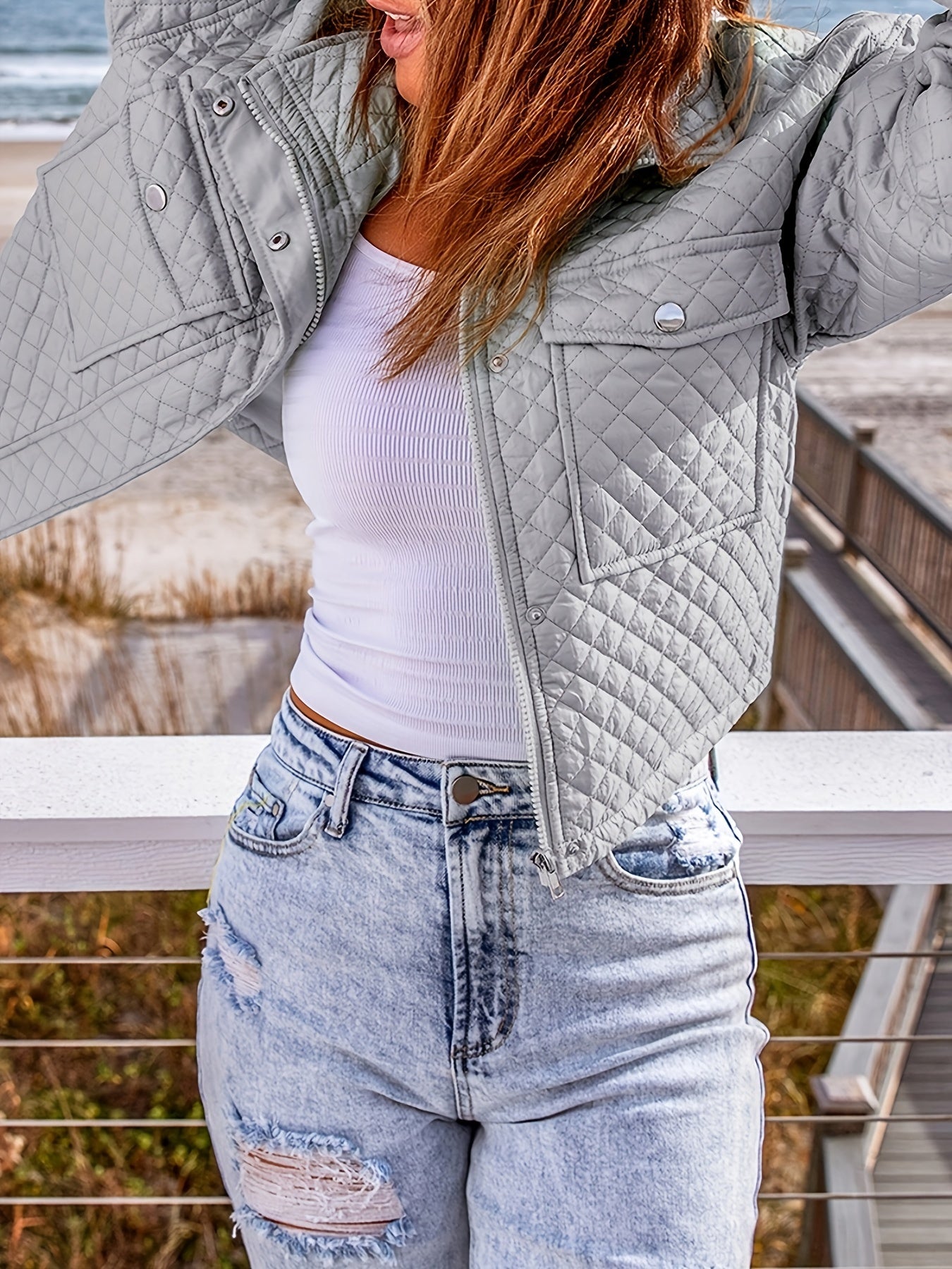 Women's Long Sleeve Zipper Button Crop Jacket Coat
