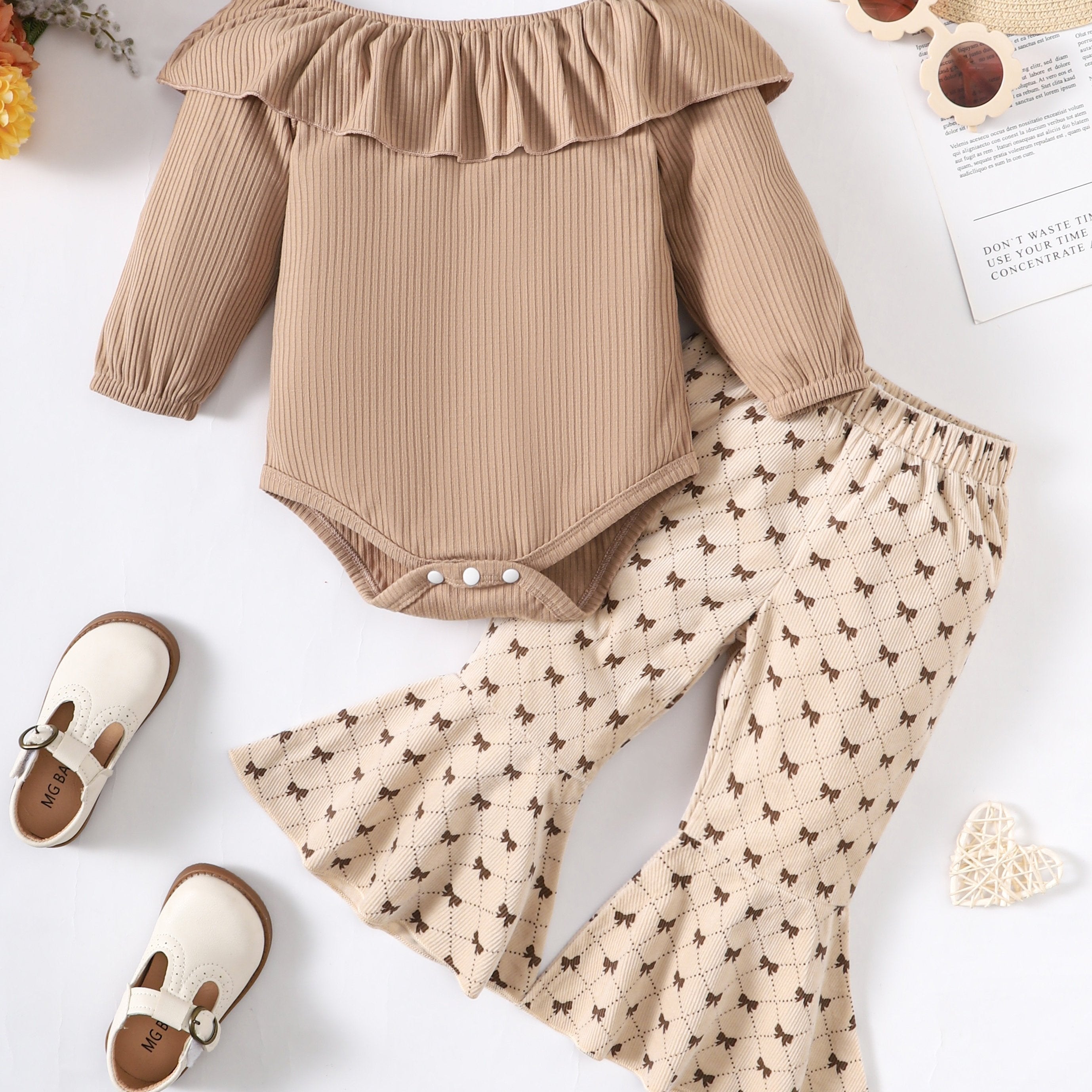 Toddler Girls Ruffle Off Shoulder Romper & Flared Pants Set