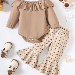 Toddler Girls Ruffle Off Shoulder Romper & Flared Pants Set