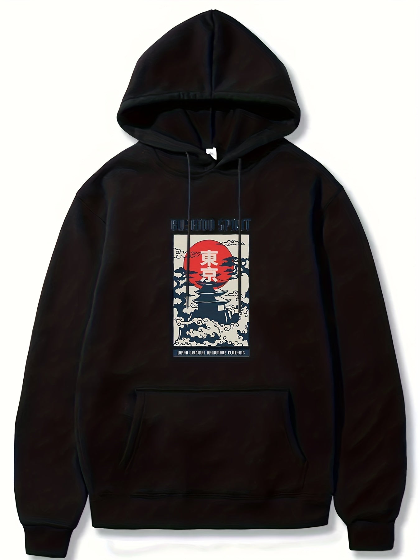 Japanese Style Print Hoodies For Men Graphic Sweatshirt With Kangaroo Pocket